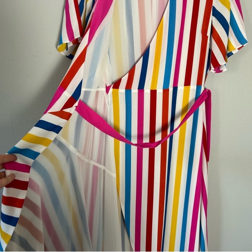 Striped V-Neck Wrap Maxi Dress with Pink Tie - Picture 3 of 5